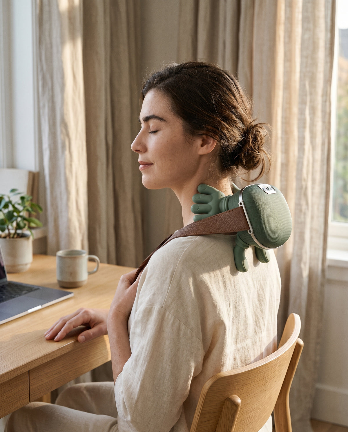 Woman relaxing at her desk with the sage green Mellohand massager on her shoulder