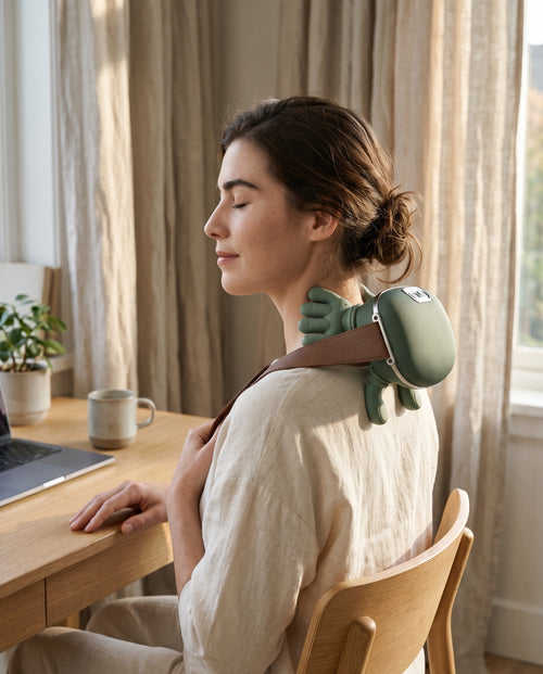Woman relaxing at her desk with the sage green Mellohand massager on her shoulder