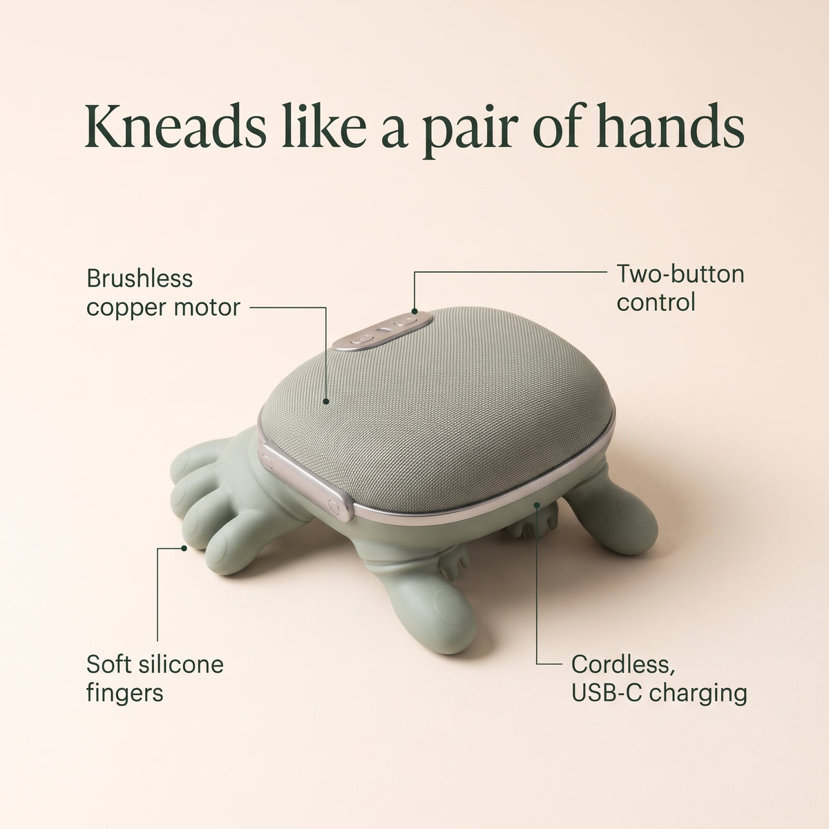 Mellohand features: soft silicone fingers, brushless copper motor, two-button control, cordless USB-C charging