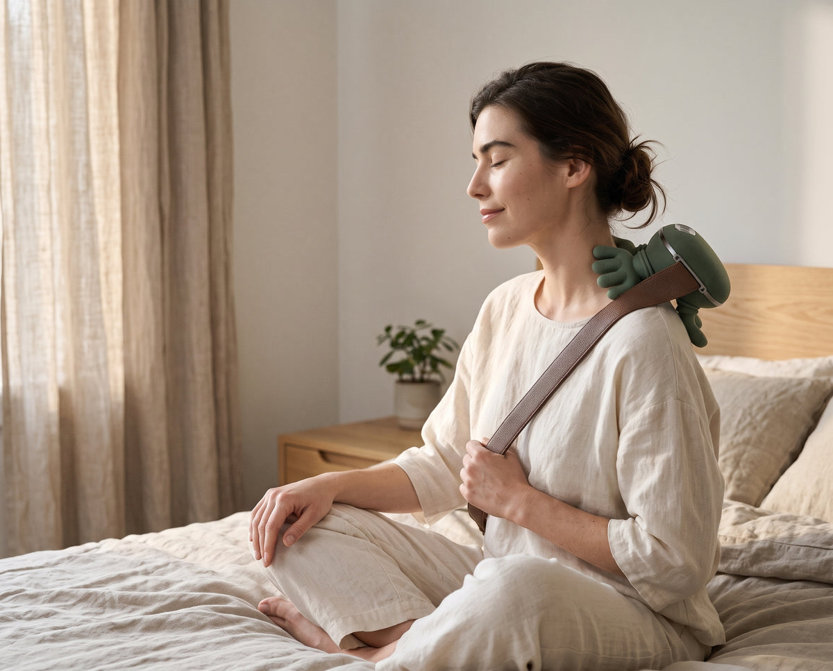 Woman sitting on her bed in the morning wearing the sage green Mellohand massager