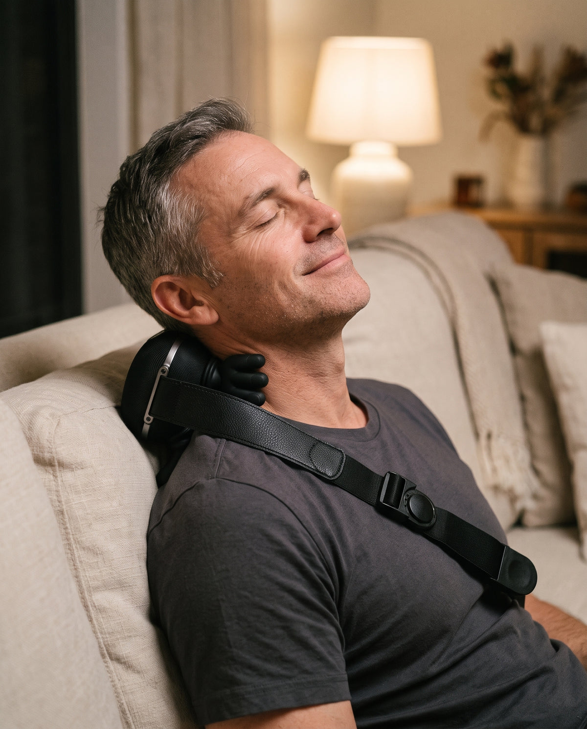 Man relaxing on a sofa in the evening with the black Mellohand massager on his shoulder