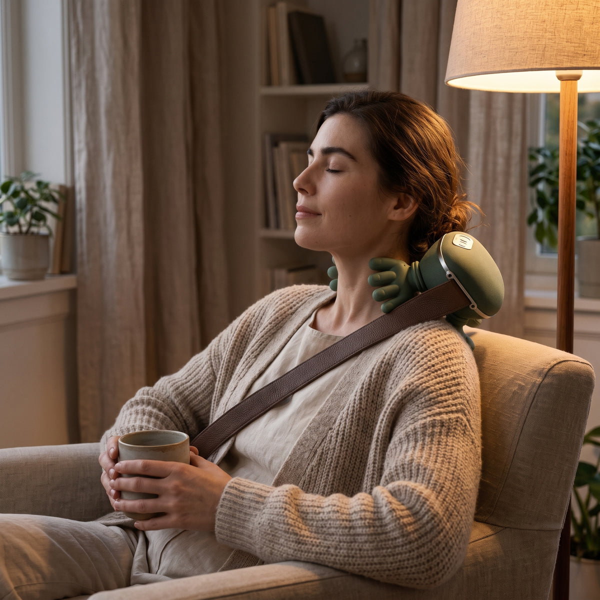 Woman unwinding in an armchair in the evening with the sage green Mellohand massager on her shoulder